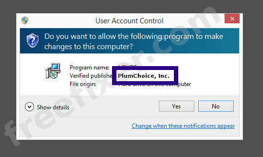 Screenshot where PlumChoice, Inc. appears as the verified publisher in the UAC dialog